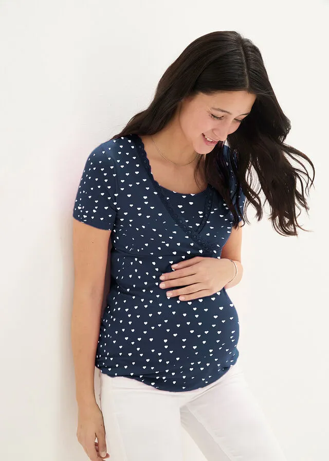 Camiseta premamá/de lactancia con encaje, manga corta Camiseta premamá/de lactancia con viscosa sostenible, encaje, en rosa viol