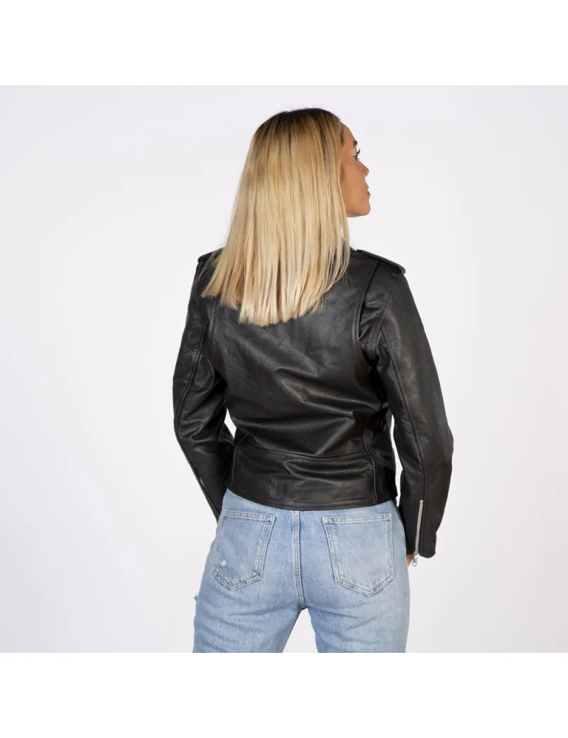 Chaqueta de cuero negro con cremallera delante