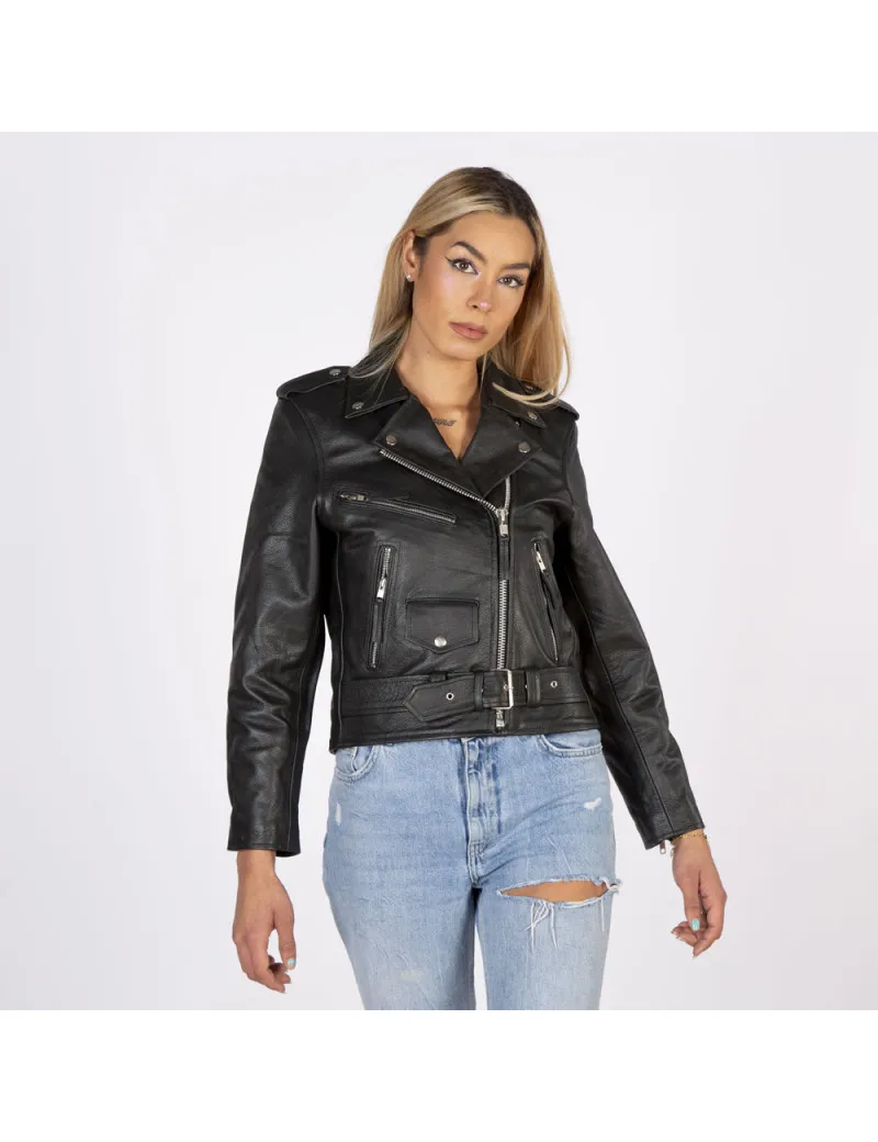 Chaqueta de cuero negro con cremallera delante