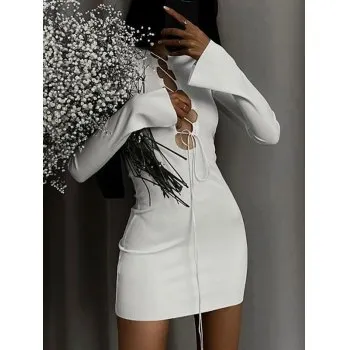 Minivestido de canalé de manga larga con lazo en la parte delantera