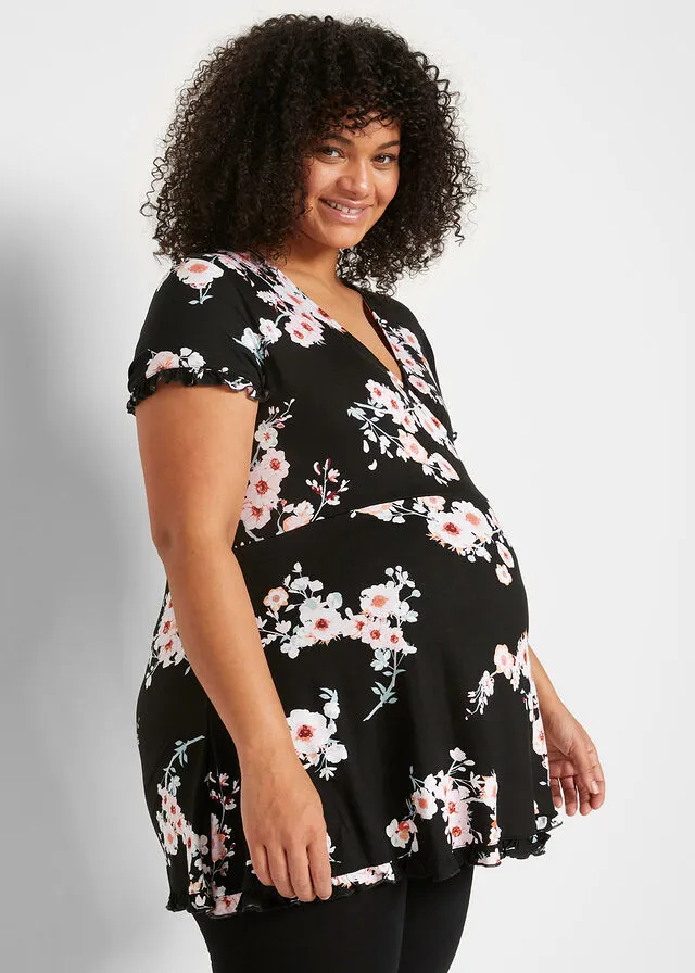 Túnica premamá/de lactancia con viscosa sostenible Negro de flores