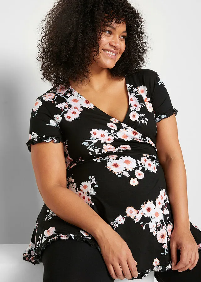 Túnica premamá/de lactancia con viscosa sostenible Negro de flores