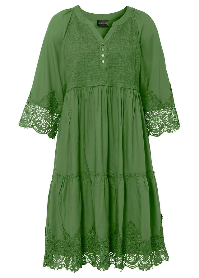 Vestido camisero de viscosa sostenible con encaje verde cactus