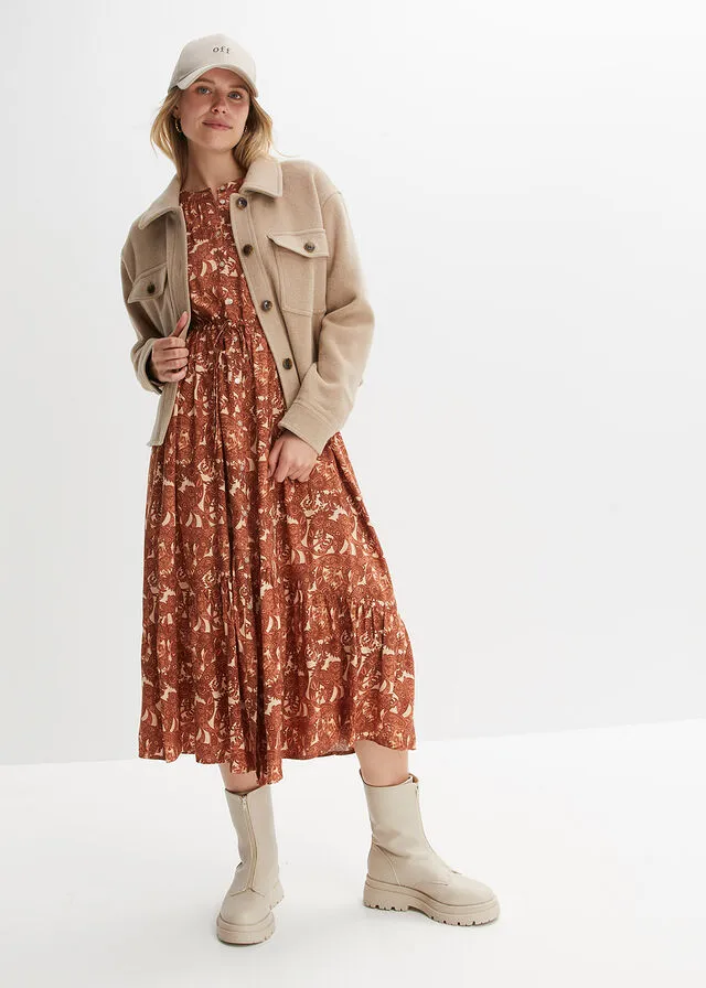 Vestido camisero de viscosa sostenible gris guijarro/marrón almendra/marrón moka