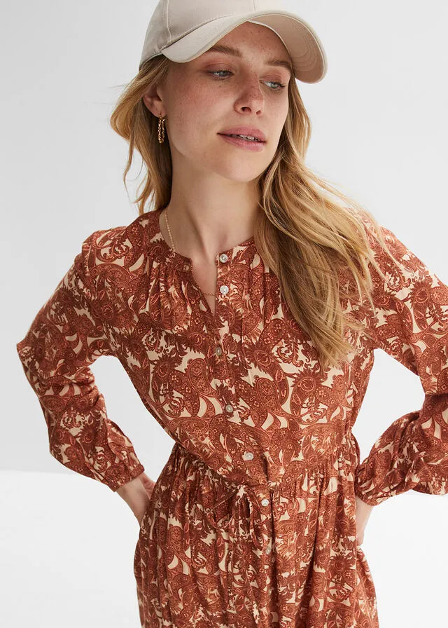 Vestido camisero de viscosa sostenible gris guijarro/marrón almendra/marrón moka