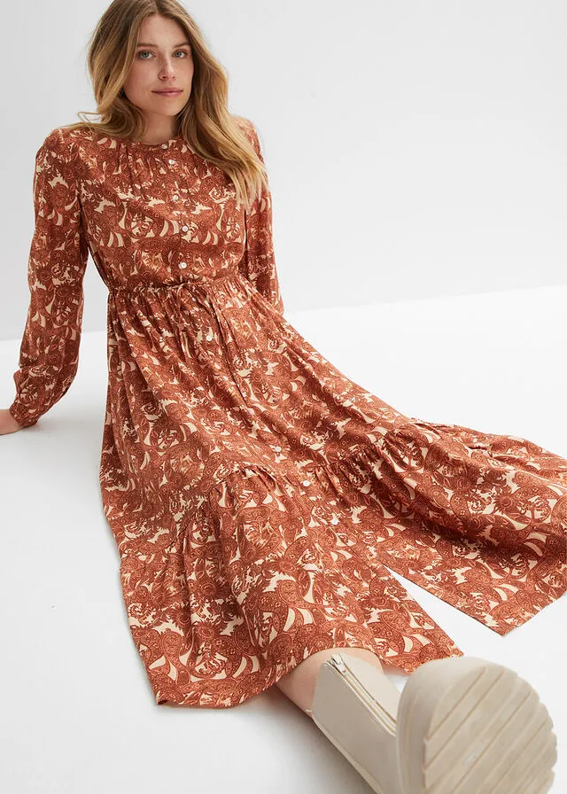 Vestido camisero de viscosa sostenible gris guijarro/marrón almendra/marrón moka